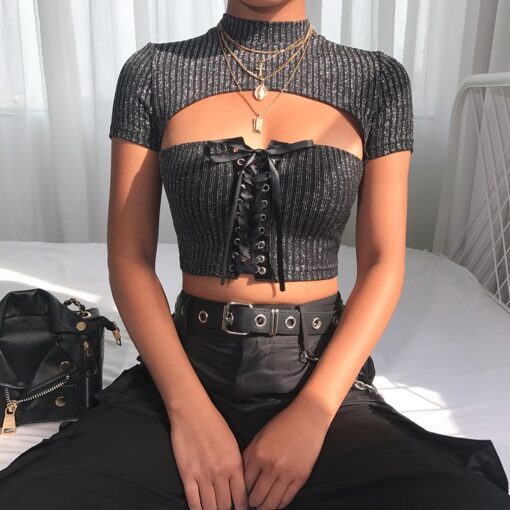 Chic Baddie Short Sleeve Glitter Hollow Out Crop Top