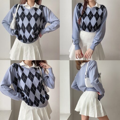 Casual Plaid Argyle Style Vintage Knit Baddie Sweater