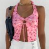 Baddie Aesthetic Cherry Print Split Halter Crop Top