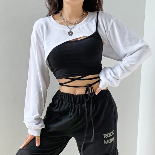 Fake 2 Pieces Asymmetrical Baddie Crop Top