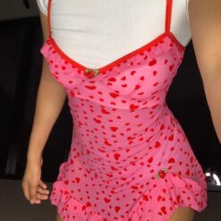 Baddie Pink Heart Pattern Sleeveless Strap Dress