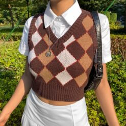 Brown Argyle Vintage Baddie Preppy Style Crop Knit Sweater