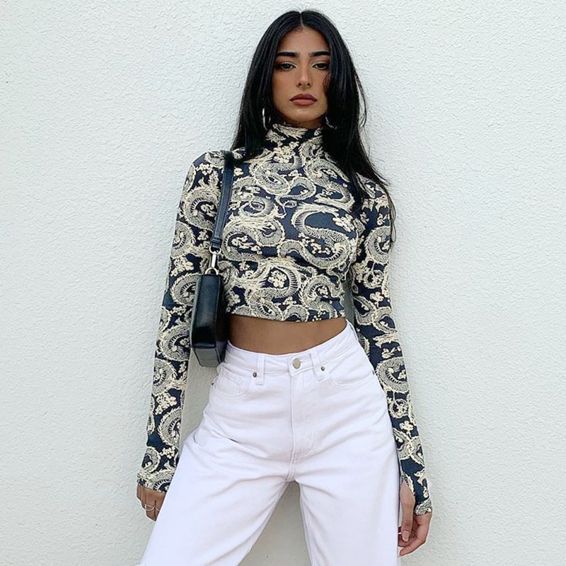 Baddie Dragon Print Skinny Long Sleeve Turtleneck Crop Top