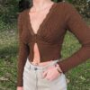 Vintage Long Sleeve Frill Lace Split Style Crop Top