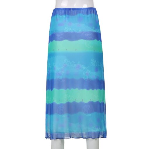 Baddie Mesh Floral Print Striped Midi Skirt