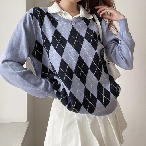 Baddie Argyle Preppy Style Casual Knitted Loose Sweater