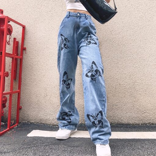 Baddie Streetwear Butterfly Printed Straight Jean