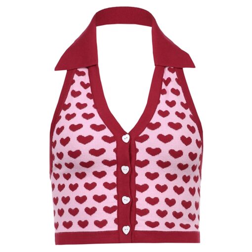 Heart Print Baddie Halter Knitted Crop Top