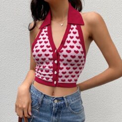 Heart Print Baddie Halter Knitted Crop Top