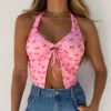 Baddie Aesthetic Cherry Print Split Halter Crop Top