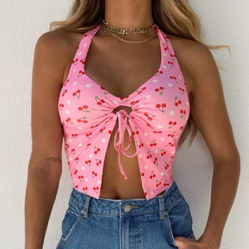 Baddie Aesthetic Cherry Print Split Halter Crop Top