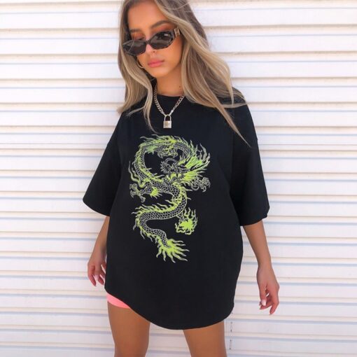 Chinese Style Dragon Printed Oversized Baddie Tshirt