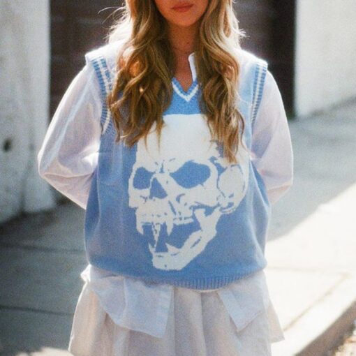 Baddie Skull Print Sleeveless Preppy Style Knitted Sweater (Many Colors)