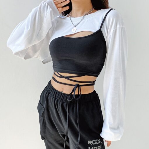 Fake 2 Pieces Asymmetrical Baddie Crop Top