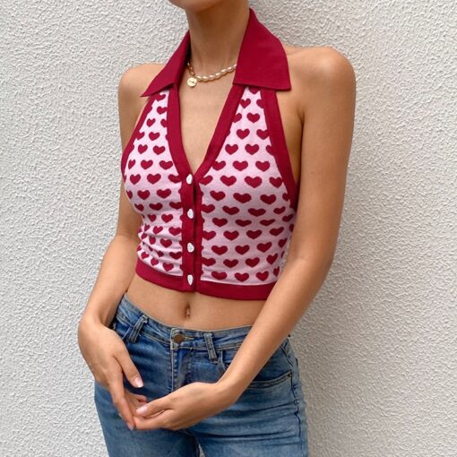 Heart Print Baddie Halter Knitted Crop Top