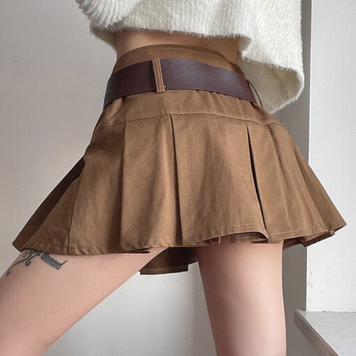 Baddie Brown Pleated with Belt Mini Skirt