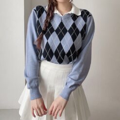 Baddie Argyle Preppy Style Casual Knitted Loose Sweater