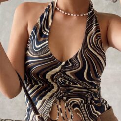 Wave Print Sleeveless Baddie Halter Top