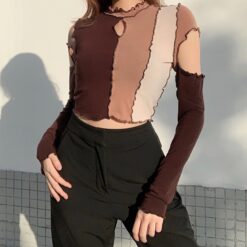 Frill Hollow Out Patchwork Long Sleeve Baddie Crop Top