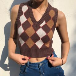 Brown Argyle Vintage Baddie Preppy Style Crop Knit Sweater