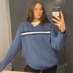 Baddie Preppy Style Striped V Neck Oversized Knitted Sweater