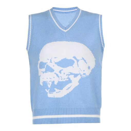 Baddie Skull Print Sleeveless Preppy Style Knitted Sweater (Many Colors)