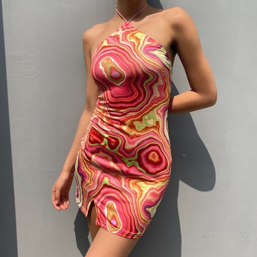 Baddie Wave Pattern Backless Halter Dress