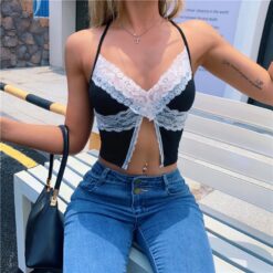 Split Patchwork Lace Sexy Baddie Cami Crop Top