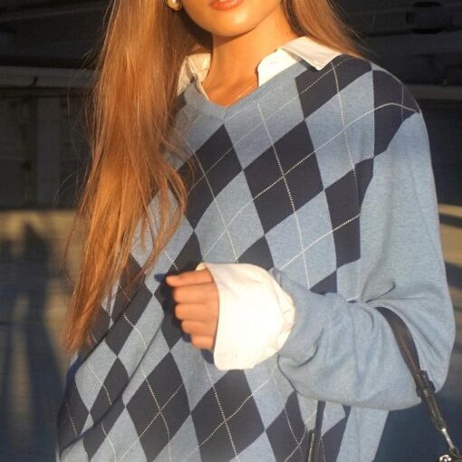 Baddie Argyle Preppy Style Casual Knitted Loose Sweater