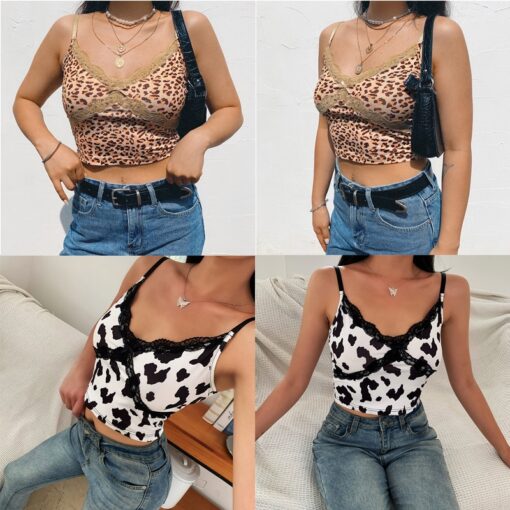 Lace Leopard Frill Spaghetti Strap Cami Top