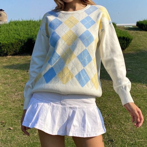 Casual Plaid Argyle Style Vintage Knit Baddie Sweater