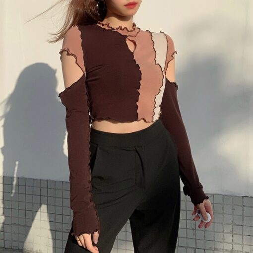 Frill Hollow Out Patchwork Long Sleeve Baddie Crop Top
