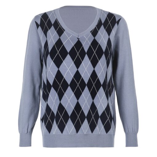 Baddie Argyle Preppy Style Casual Knitted Loose Sweater