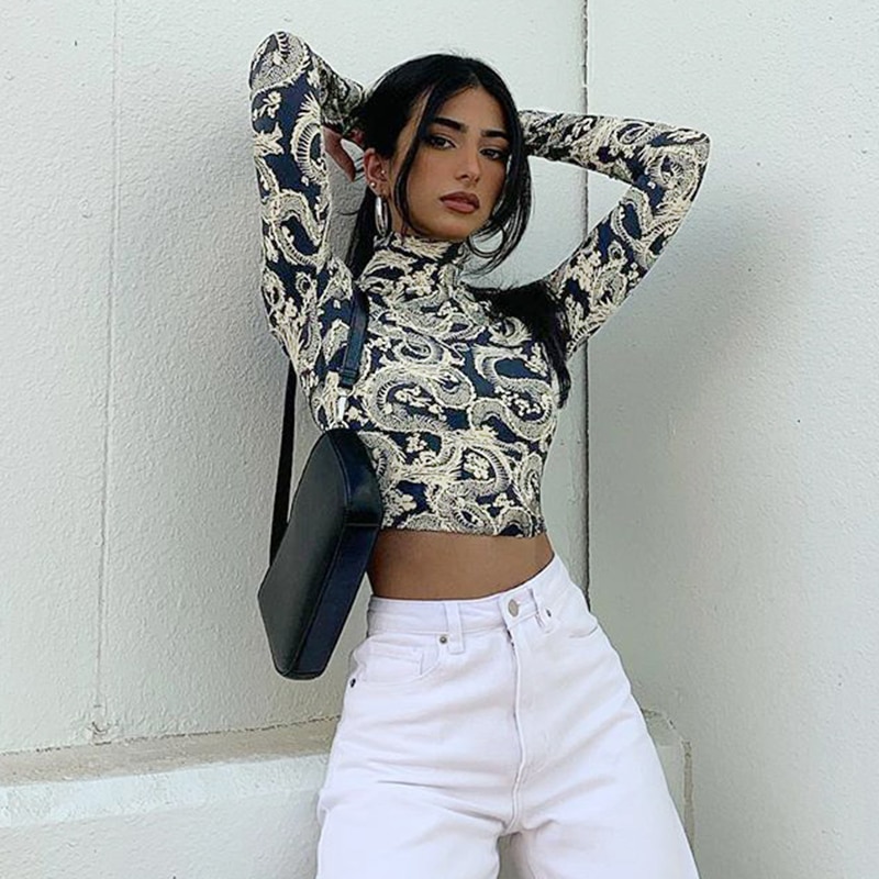 Baddie Dragon Print Skinny Long Sleeve Turtleneck Crop Top