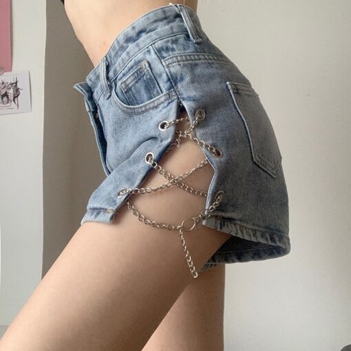 Baddie Streetwear with Chains Split Jean Short