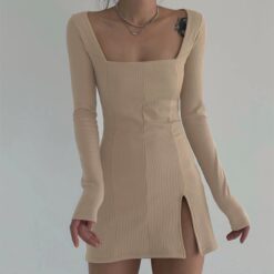 Baddie Square Collar Split Side Solid Mini Dress