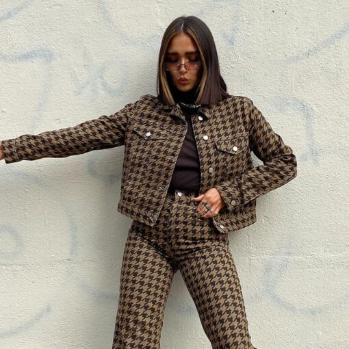 Baddie Houndstooth Plaid Vintage Crop Jacket