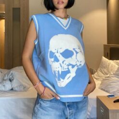 Baddie Skull Print Sleeveless Preppy Style Knitted Sweater (Many Colors)