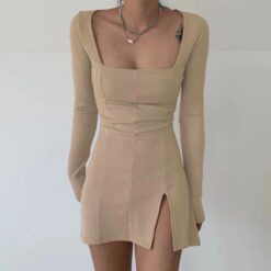 Baddie Square Collar Split Side Solid Mini Dress