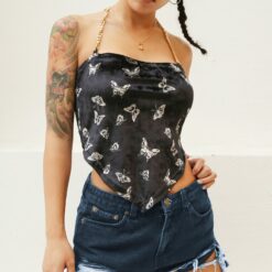 Velvet Butterfly Chain Baddie Halter Top