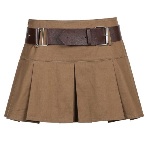 Baddie Brown Pleated with Belt Mini Skirt