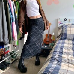 Vintage Plaid High Waist Mesh Baddie Midi Skirt