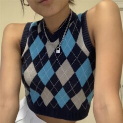 Baddie Vintage Argyle Plaid Knitted Crop Sweater