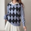 Casual Plaid Argyle Style Vintage Knit Baddie Sweater