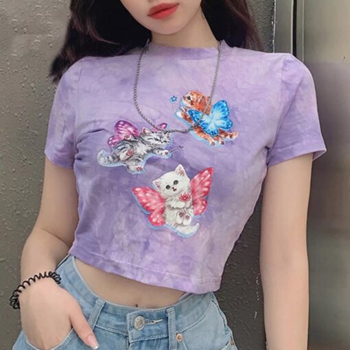 Baddie Summer Casual Sweet Cat Print Crop Top