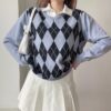 Casual Plaid Argyle Style Vintage Knit Baddie Sweater