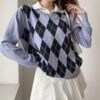 Casual Plaid Argyle Style Vintage Knit Baddie Sweater