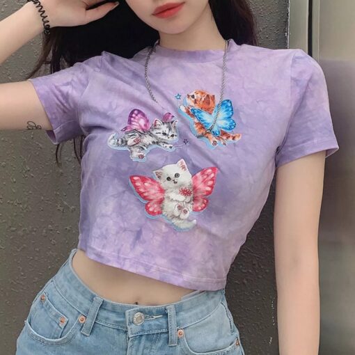 Baddie Summer Casual Sweet Cat Print Crop Top